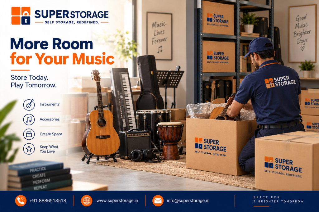 A promotional banner for Super Storage highlighting musical instrument storage, showing a sunlit studio filled with instruments including acoustic guitars on stands, a synthesizer keyboard, snare drum, djembe, guitar amplifier, studio headphones, and hard instrument cases, with a uniformed Super Storage specialist carefully packing a guitar cushioned in bubble wrap into a branded box alongside stacked cartons and metal shelving holding more storage boxes and guitar cases, accompanied by the headline "More Room for Your Music: Store Today. Play Tomorrow.", feature icons for "Instruments", "Accessories", "Create Space", and "Keep What You Love", the tagline "Space For A Brighter Tomorrow", and contact details at the bottom.