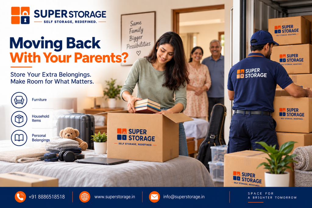 A promotional banner for Super Storage highlighting transitional storage when moving back home, showing a young woman packing books into a branded cardboard box placed on a bed with headphones, a laptop, luggage, and a teddy bear, while her parents stand smiling warmly in the doorway and a uniformed Super Storage worker stacks cartons inside an on-site storage container, accompanied by a wall art print reading "Same Family Bigger Possibilities", headline "Moving Back With Your Parents? Store Your Extra Belongings. Make Room for What Matters.", category icons for "Furniture", "Household Items", and "Personal Belongings", the brand tagline "Space For A Brighter Tomorrow", and contact details at the bottom.
