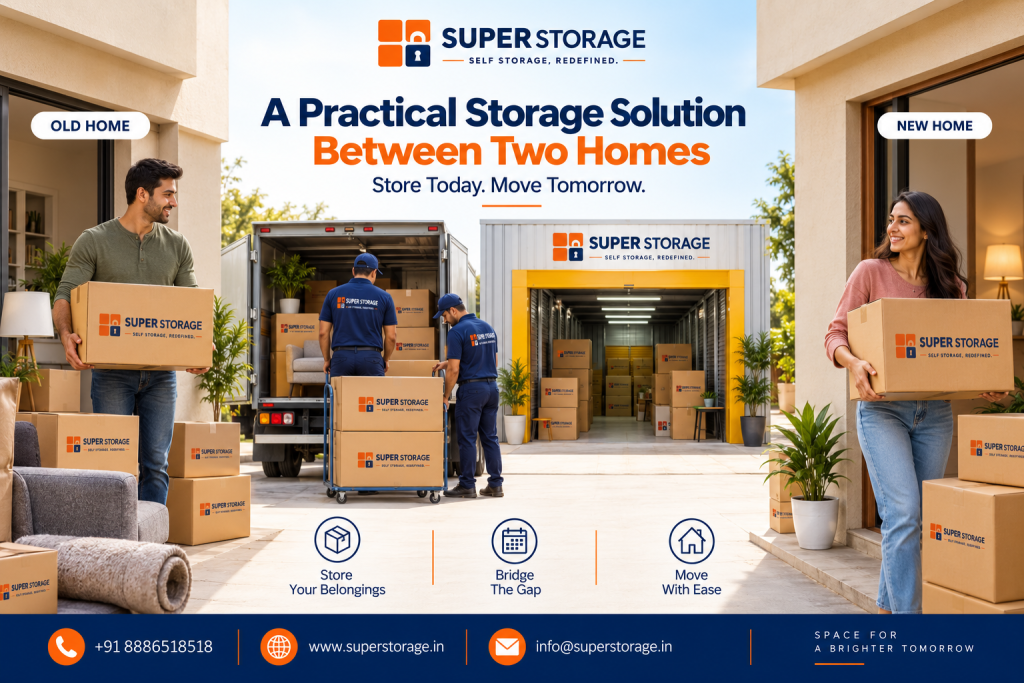 A promotional banner for Super Storage highlighting transitional storage when moving back home, showing a young woman packing books into a branded cardboard box placed on a bed with headphones, a laptop, luggage, and a teddy bear, while her parents stand smiling warmly in the doorway and a uniformed Super Storage worker stacks cartons inside an on-site storage container, accompanied by a wall art print reading "Same Family Bigger Possibilities", headline "Moving Back With Your Parents? Store Your Extra Belongings. Make Room for What Matters.", category icons for "Furniture", "Household Items", and "Personal Belongings", the brand tagline "Space For A Brighter Tomorrow", and contact details at the bottom.