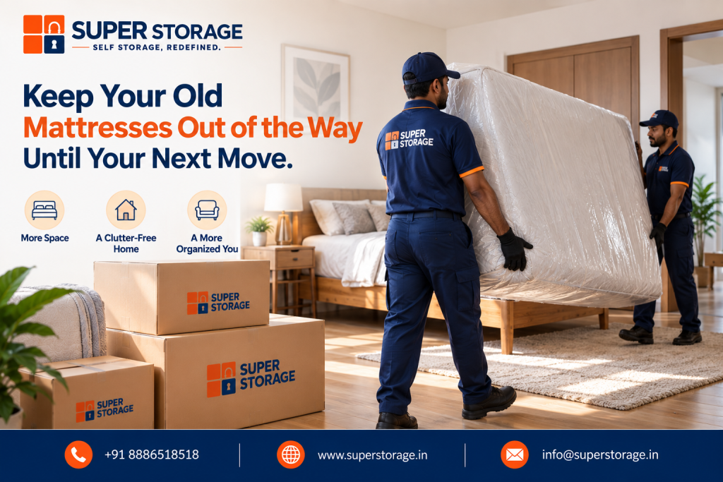 A promotional banner for Super Storage highlighting mattress and bulky bedding storage solutions, showing two uniformed moving professionals carefully carrying a large, plastic-wrapped mattress through a modern bedroom, with stacked Super Storage cardboard boxes placed neatly on the wooden floor in the foreground, accompanied by the headline "Keep Your Old Mattresses Out of the Way Until Your Next Move.", feature benefit icons for "More Space", "A Clutter-Free Home", and "A More Organized You", with Super Storage contact details across the bottom banner.