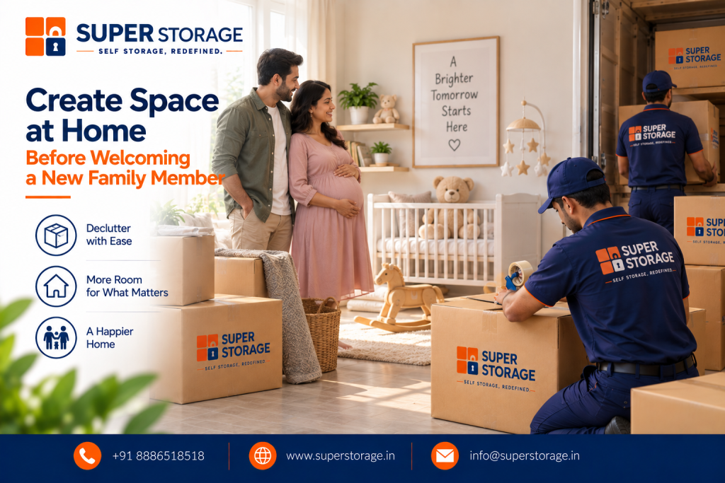 A promotional banner for Super Storage highlighting nursery preparation and home decluttering, showing an expectant couple standing in a bright nursery with a crib, rocking horse, and teddy bear, beside a uniformed Super Storage mover taping up cardboard packing boxes while another mover loads boxes into a storage container in the background, accompanied by a wall frame reading "A Brighter Tomorrow Starts Here", headline "Create Space at Home Before Welcoming a New Family Member", feature icons for "Declutter with Ease", "More Room for What Matters", and "A Happier Home", and contact details at the bottom.