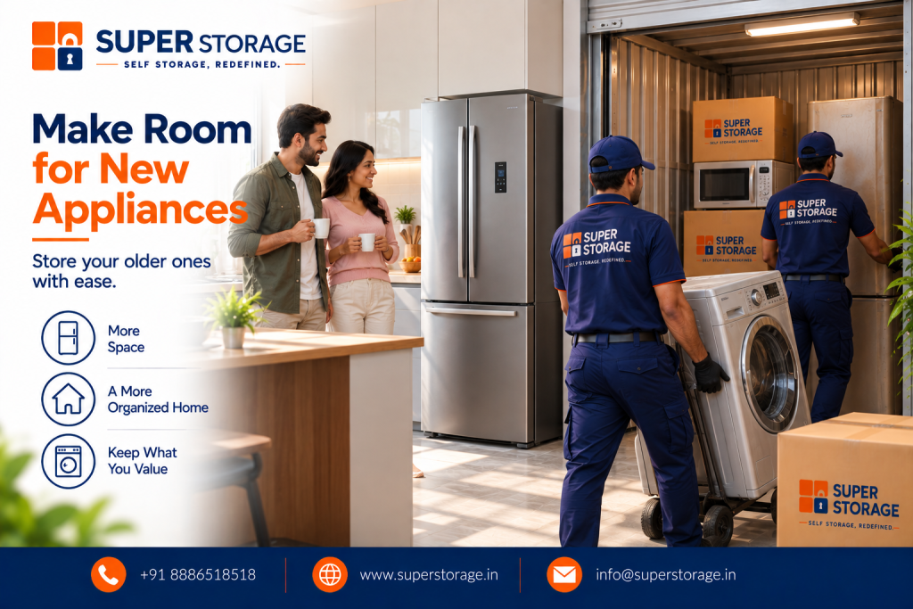 A promotional banner for Super Storage highlighting home appliance storage, showing a smiling couple enjoying coffee in a modern kitchen beside a sleek French-door refrigerator, while in the foreground uniformed Super Storage movers transport a washing machine on a hand truck and organize appliances, microwave ovens, and Super Storage boxes into an on-site storage container, accompanied by the headline "Make Room for New Appliances: Store your older ones with ease.", benefit icons for "More Space", "A More Organized Home", and "Keep What You Value", and Super Storage contact details across the bottom banner.