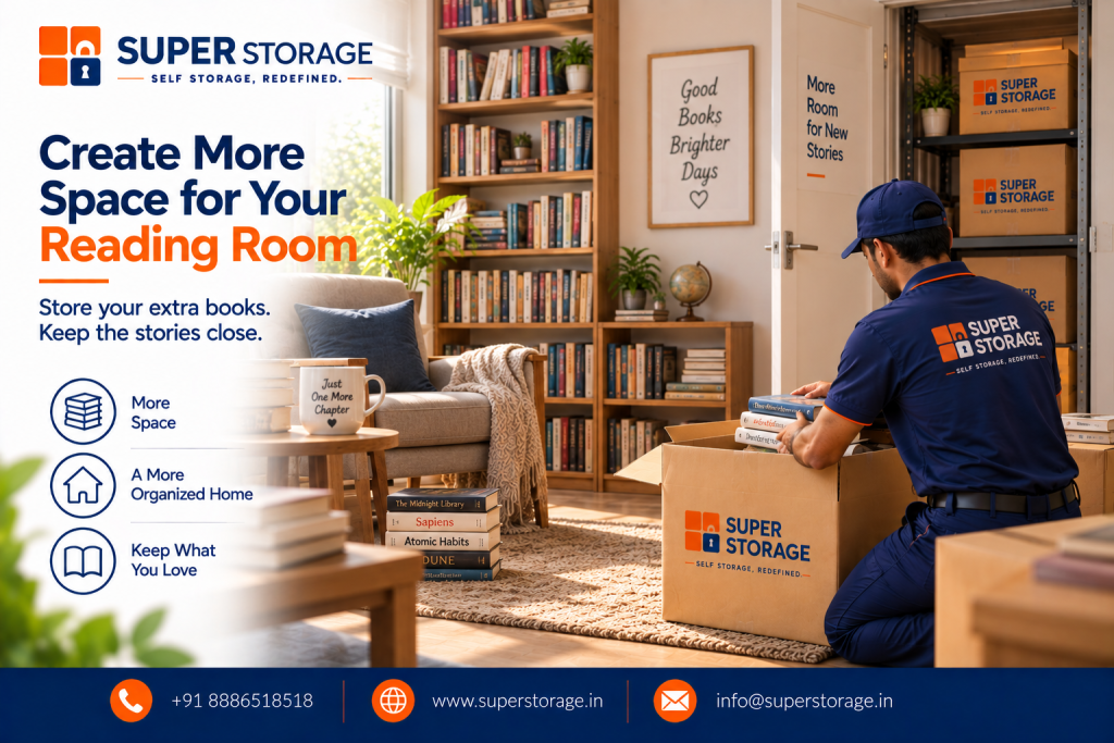 A promotional banner for Super Storage highlighting book collection and reading room decluttering, showing a warm, sunlit home library with tall wooden bookshelves filled with books, a comfortable armchair with a throw blanket, coffee tables holding stacked bestsellers and a mug, while in the foreground a uniformed Super Storage mover carefully packs hardcover books into a branded storage box next to an open on-site storage container fitted with metal shelving and stacked cartons, accompanied by framed wall quotes reading "Good Books Brighter Days" and "More Room for New Stories", the headline "Create More Space for Your Reading Room: Store your extra books. Keep the stories close.", feature icons for "More Space", "A More Organized Home", and "Keep What You Love", and Super Storage contact details across the bottom banner.