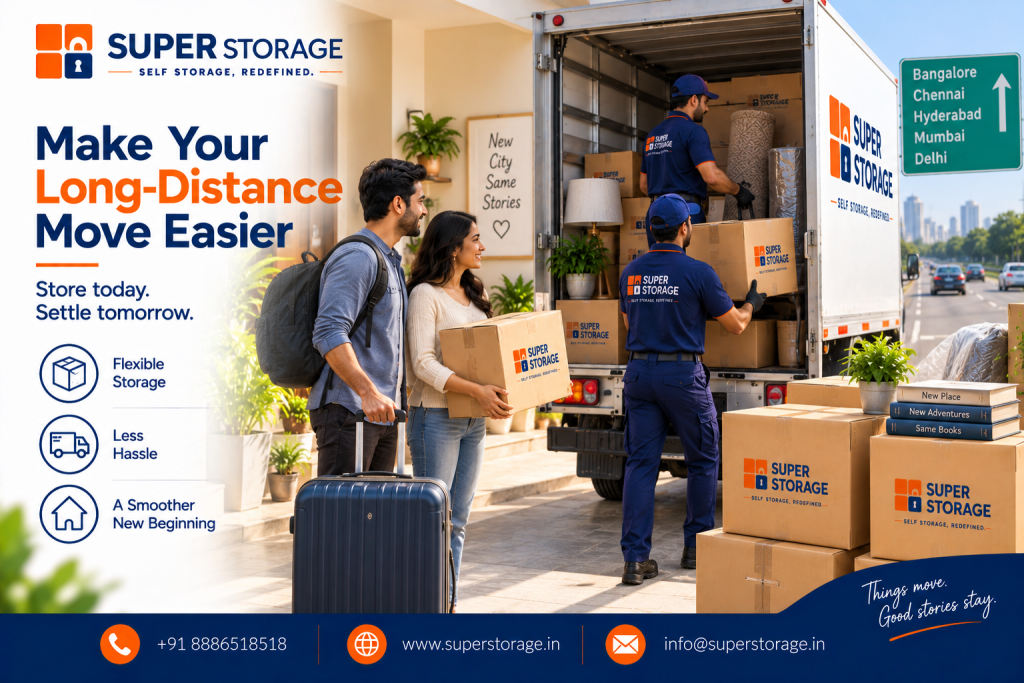 A promotional banner for Super Storage highlighting long-distance relocation and interstate moving solutions, showing a smiling young couple with a backpack and navy rolling suitcase holding a branded cardboard box outside their home, watching two uniformed Super Storage movers load furniture, rolled rugs, lamps, and storage cartons into a moving truck, alongside a highway directional board indicating routes to Bangalore, Chennai, Hyderabad, Mumbai, and Delhi, accompanied by the headline "Make Your Long-Distance Move Easier: Store today. Settle tomorrow.", benefit icons for "Flexible Storage", "Less Hassle", and "A Smoother New Beginning", an entryway art print reading "New City Same Stories", a script tagline reading "Things move. Good stories stay.", and Super Storage contact details across the bottom banner.