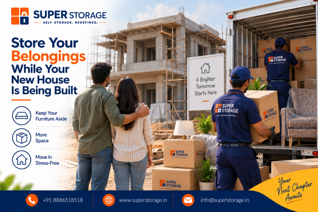 A promotional banner for Super Storage highlighting home construction and renovation storage solutions, showing a young couple standing side by side with an arm around each other, looking at their multi-story home under construction surrounded by scaffolding, while two uniformed Super Storage movers load wrapped armchairs, lamps, potted plants, and branded cardboard boxes into a moving container truck, accompanied by a sign reading "A Brighter Tomorrow Starts Here", the headline "Store Your Belongings While Your New House Is Being Built", feature icons for "Keep Your Furniture Aside", "More Space", and "Move In Stress-Free", the script tagline "Your Next Chapter Awaits", and Super Storage contact details across the bottom banner.