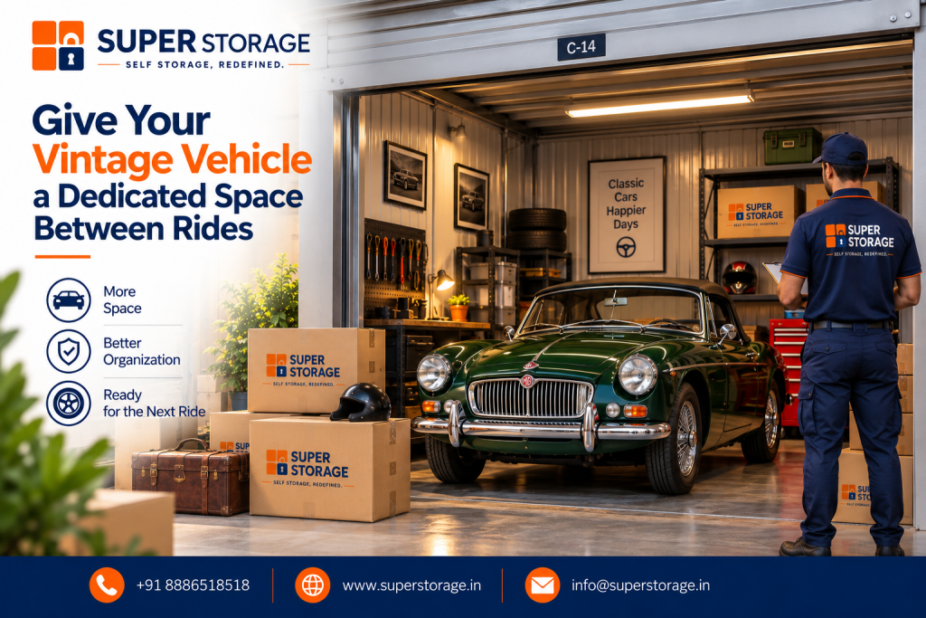 A promotional banner for Super Storage highlighting home construction and renovation storage solutions, showing a young couple standing side by side with an arm around each other, looking at their multi-story home under construction surrounded by scaffolding, while two uniformed Super Storage movers load wrapped armchairs, lamps, potted plants, and branded cardboard boxes into a moving container truck, accompanied by a sign reading "A Brighter Tomorrow Starts Here", the headline "Store Your Belongings While Your New House Is Being Built", feature icons for "Keep Your Furniture Aside", "More Space", and "Move In Stress-Free", the script tagline "Your Next Chapter Awaits", and Super Storage contact details across the bottom banner.