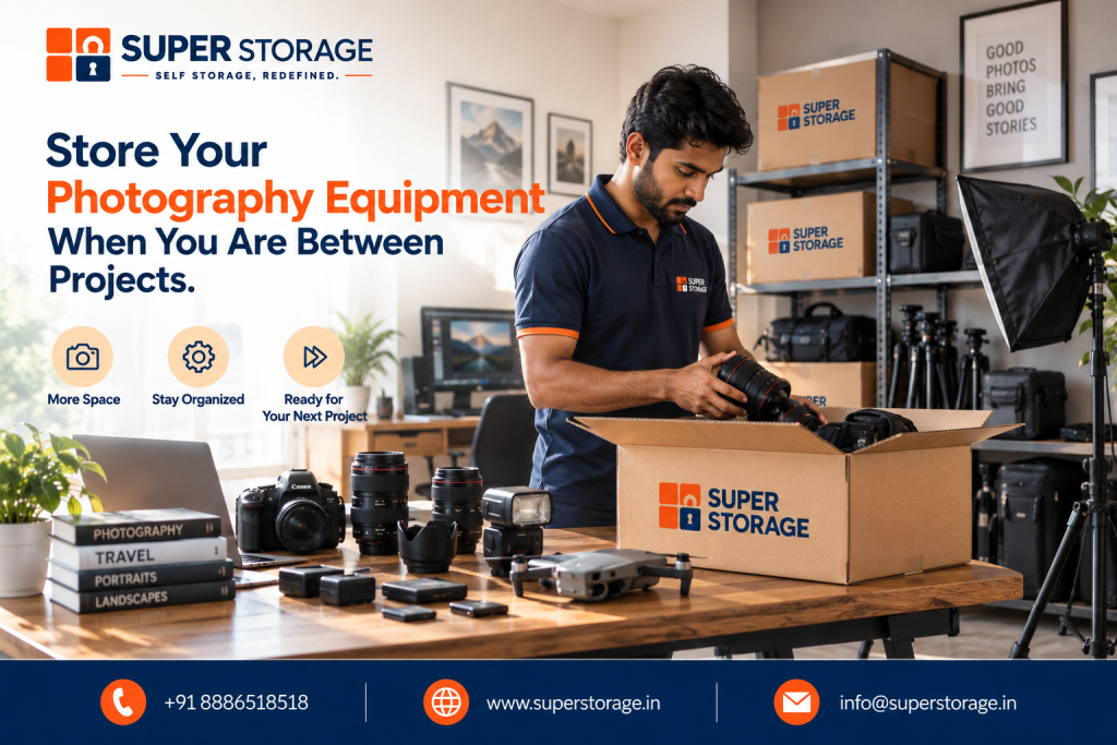 A promotional banner for Super Storage highlighting photography and videography gear storage solutions, showing a creative professional in a Super Storage polo packing camera bodies and lenses into a branded cardboard box at a studio workbench covered with DSLR cameras, telephoto lenses, camera flashes, a drone, hard drives, and photography books, set against studio lighting softboxes, tripods, and metal storage shelving holding branded boxes and gear bags under a framed print reading "GOOD PHOTOS BRING GOOD STORIES", accompanied by the headline "Store Your Photography Equipment When You Are Between Projects.", benefit icons for "More Space", "Stay Organized", and "Ready for Your Next Project", and contact details at the bottom.