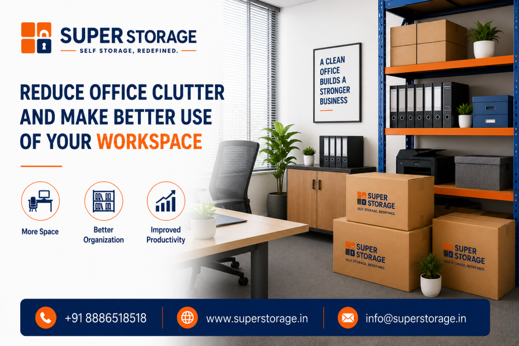A promotional banner for Super Storage highlighting commercial office decluttering solutions, depicting a sleek corporate office featuring a wooden work desk, ergonomic mesh office chair, and venetian blinds alongside heavy-duty blue and orange metal shelving holding document binders, office storage boxes, and a desktop printer, with stacked Super Storage cardboard boxes on the floor, a framed wall quote reading "A Clean Office Builds A Stronger Business", accompanied by the headline "Reduce Office Clutter And Make Better Use Of Your Workspace", benefit icons for "More Space", "Better Organization", and "Improved Productivity", and contact details at the bottom.