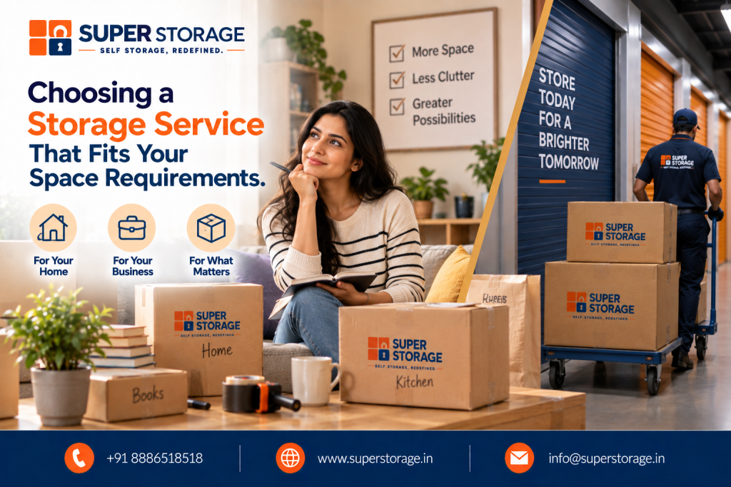 A promotional banner for Super Storage highlighting flexible storage unit sizing, featuring a split-view design: on the left, a thoughtful woman sits on her living room couch with a notebook planning her storage needs amidst labeled Super Storage boxes for "Books", "Home", and "Kitchen" alongside tape dispensers and mugs, under a wall checklist reading "More Space, Less Clutter, Greater Possibilities"; on the right, a warehouse hallway lined with secure blue and orange roll-up storage units where a uniformed mover pushes a flatbed trolley stacked with cartons beneath the slogan "STORE TODAY FOR A BRIGHTER TOMORROW", accompanied by the headline "Choosing a Storage Service That Fits Your Space Requirements.", benefit icons for "For Your Home", "For Your Business", and "For What Matters", and Super Storage contact details across the bottom banner.
