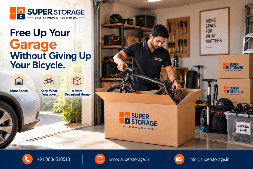 A promotional banner for Super Storage highlighting flexible storage unit sizing, featuring a split-view design: on the left, a thoughtful woman sits on her living room couch with a notebook planning her storage needs amidst labeled Super Storage boxes for "Books", "Home", and "Kitchen" alongside tape dispensers and mugs, under a wall checklist reading "More Space, Less Clutter, Greater Possibilities"; on the right, a warehouse hallway lined with secure blue and orange roll-up storage units where a uniformed mover pushes a flatbed trolley stacked with cartons beneath the slogan "STORE TODAY FOR A BRIGHTER TOMORROW", accompanied by the headline "Choosing a Storage Service That Fits Your Space Requirements.", benefit icons for "For Your Home", "For Your Business", and "For What Matters", and Super Storage contact details across the bottom banner.