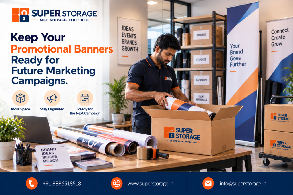 A promotional banner for Super Storage highlighting bicycle and garage organization solutions, featuring a man in a Super Storage polo packing a black mountain bike into an oversized branded cardboard box inside a garage next to a parked car, with a tool pegboard, shelving, floor bike pump, cycling helmet, duffel bags, and a clear storage bin labeled "CYCLING GEAR" alongside stacked Super Storage cartons under a framed wall print reading "MORE SPACE FOR WHAT MATTERS", accompanied by the headline "Free Up Your Garage Without Giving Up Your Bicycle.", benefit icons for "More Space", "Keep What You Love", and "A More Organised Home", and contact details at the bottom.