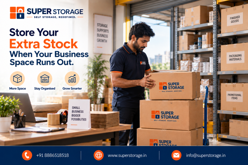 A promotional banner for Super Storage highlighting commercial inventory and small business storage solutions, showing a logistics professional in a Super Storage polo stacking branded cardboard boxes onto a hand truck inside an organized warehouse dispatch area with high industrial shelving holding labeled cartons for "FINISHED GOODS", "PACKAGING MATERIALS", and "PROMOTIONAL ITEMS", an office packing table with a laptop, tape dispenser, clipboard, and a desk sign reading "SMALL BUSINESS BIGGER POSSIBILITIES", accompanied by a wall poster reading "STORAGE SUPPORTS BUSINESS GROWTH", the headline "Store Your Extra Stock When Your Business Space Runs Out.", benefit icons for "More Space", "Stay Organised", and "Grow Smarter", and Super Storage contact details across the bottom banner.