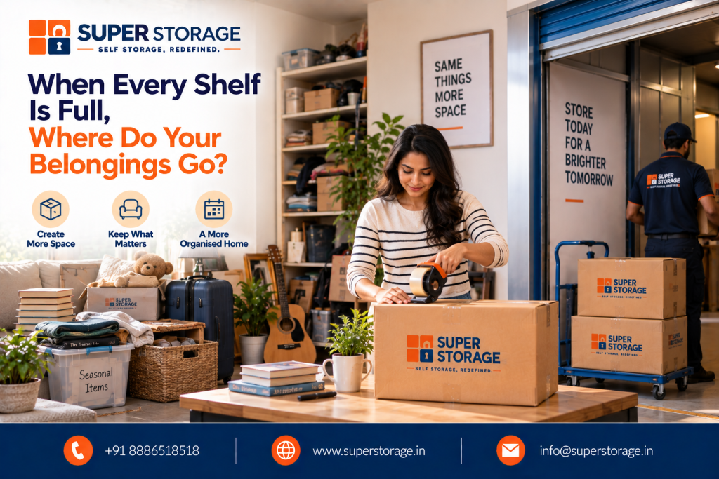 A promotional banner for Super Storage highlighting general home decluttering and space-saving solutions, showing a woman in a striped top using packing tape on a branded cardboard box in a living room filled with overflowing open shelving, stacked books, folded blankets, a storage tub labeled "Seasonal Items", woven baskets, a suitcase, and an acoustic guitar, set against an on-site storage container opening where a uniformed mover handles cartons beneath the sign "STORE TODAY FOR A BRIGHTER TOMORROW", accompanied by a framed wall quote reading "SAME THINGS MORE SPACE", the headline "When Every Shelf Is Full, Where Do Your Belongings Go?", benefit icons for "Create More Space", "Keep What Matters", and "A More Organised Home", and Super Storage contact details across the bottom banner.