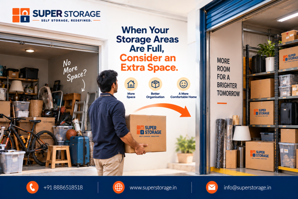 A promotional banner for Super Storage highlighting home decluttering and external self-storage solutions, featuring a comparative transition: on the left, an overcrowded garage marked "No More Space?" crammed with bicycles, ladders, lamps, plastic bins, luggage, and stacked boxes; in the center, a man carries a branded Super Storage box toward an arrow pointing right into a clean, modern, well-organized storage unit fitted with tall metal shelving holding neatly stacked Super Storage cartons, luggage, plastic tubs, and rolled rugs under the slogan "MORE ROOM FOR A BRIGHTER TOMORROW", accompanied by the headline "When Your Storage Areas Are Full, Consider an Extra Space.", benefit icons for "More Space", "Better Organisation", and "A More Comfortable Home", and Super Storage contact details across the bottom banner.