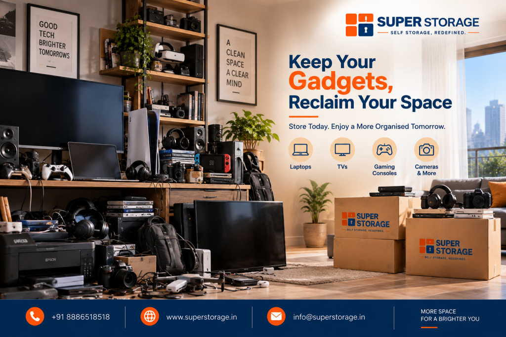 A promotional banner for Super Storage highlighting electronics and consumer gadget storage, showing a cluttered living room media desk and wooden shelving unit overflowing with electronics including laptops, computer monitors, a PlayStation 5, a Nintendo Switch, VR headsets, audio speakers, studio headphones, printers, drones, DSLR cameras, cables, and a flat-screen television sitting on the floor, set beside stacked cardboard boxes from Super Storage under framed wall prints reading "GOOD TECH BRIGHTER TOMORROWS" and "A CLEAN SPACE A CLEAR MIND", accompanied by the headline "Keep Your Gadgets, Reclaim Your Space: Store Today. Enjoy a More Organised Tomorrow.", category icons for "Laptops", "TVs", "Gaming Consoles", and "Cameras & More", with the slogan "MORE SPACE FOR A BRIGHTER YOU" and Super Storage contact details across the bottom banner.