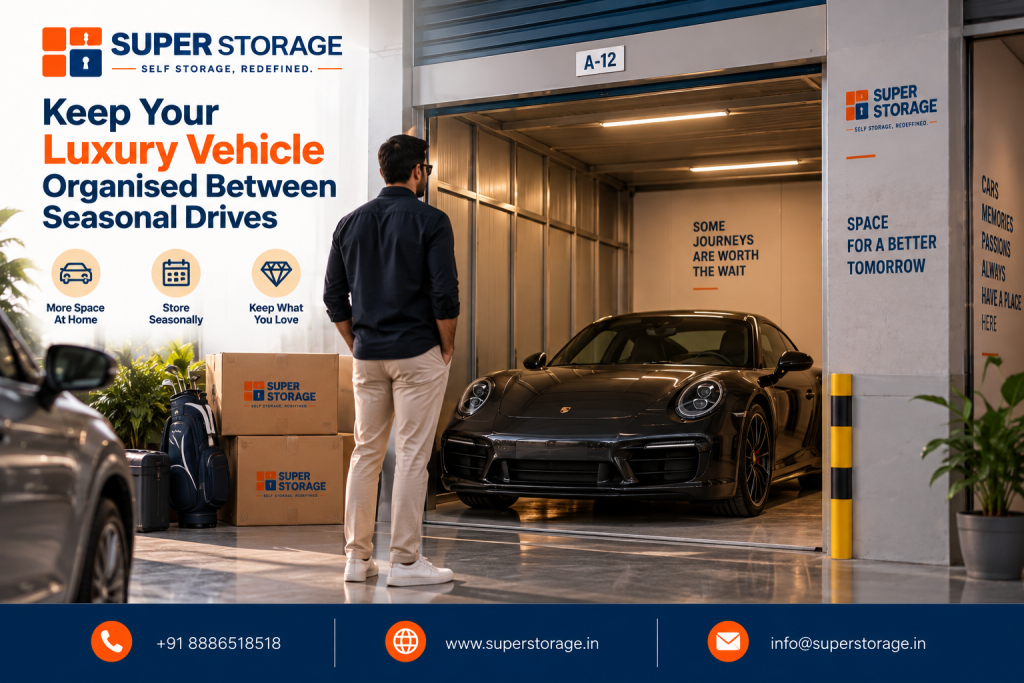 A promotional banner for Super Storage highlighting luxury and sports car storage solutions, showing a man standing with his back to the camera admiring a sleek black Porsche sports car parked inside a private, brightly illuminated drive-up storage unit labeled A-12. The setting features golf clubs, luggage, and stacked Super Storage cardboard boxes alongside the car, wall slogans reading "SOME JOURNEYS ARE WORTH THE WAIT" and "SPACE FOR A BETTER TOMORROW", the headline "Keep Your Luxury Vehicle Organised Between Seasonal Drives", benefit icons for "More Space At Home", "Store Seasonally", and "Keep What You Love", and brand contact details across the bottom banner.