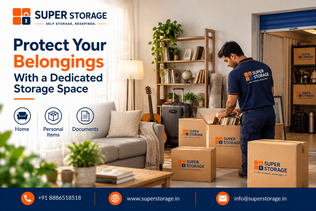 A promotional banner for Super Storage highlighting home and personal storage solutions, showing a uniformed Super Storage mover packing hardbound books into a branded cardboard carton in a brightly lit living room furnished with a sofa, an acoustic guitar, a suitcase, rolled rugs, and a wooden bookshelf, surrounded by stacked Super Storage boxes leading toward an on-site storage container with metal shelving, accompanied by the headline "Protect Your Belongings With a Dedicated Storage Space", feature benefit icons for "Home", "Personal Items", and "Documents", and Super Storage contact details across the bottom banner.