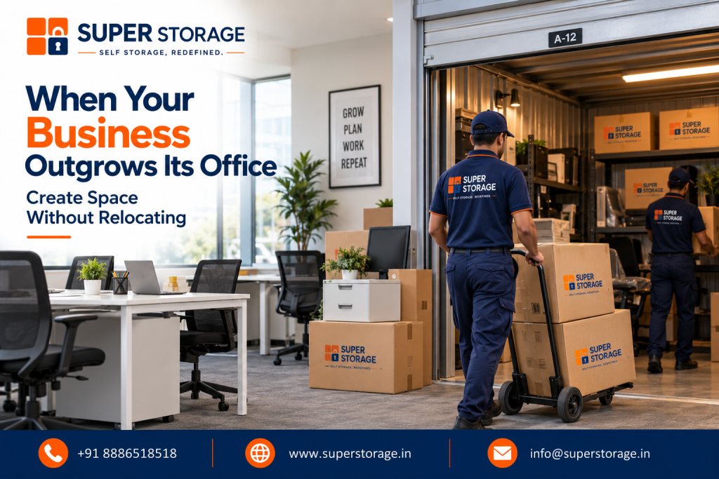 A promotional banner for Super Storage highlighting commercial and office space optimization solutions. The image shows a modern corporate office interior with work desks, ergonomic mesh chairs, and potted plants, opening directly into a secure self-storage bay (Unit A-12) fitted with industrial metal shelving and Super Storage boxes. In the foreground, a uniformed Super Storage mover maneuvers a hand truck loaded with branded cartons past filing cabinets and computer monitors, while another mover organizes supplies inside the illuminated storage unit under a framed office poster reading "GROW PLAN WORK REPEAT". The banner features the headline "When Your Business Outgrows Its Office: Create Space Without Relocating" and Super Storage contact details across the bottom.