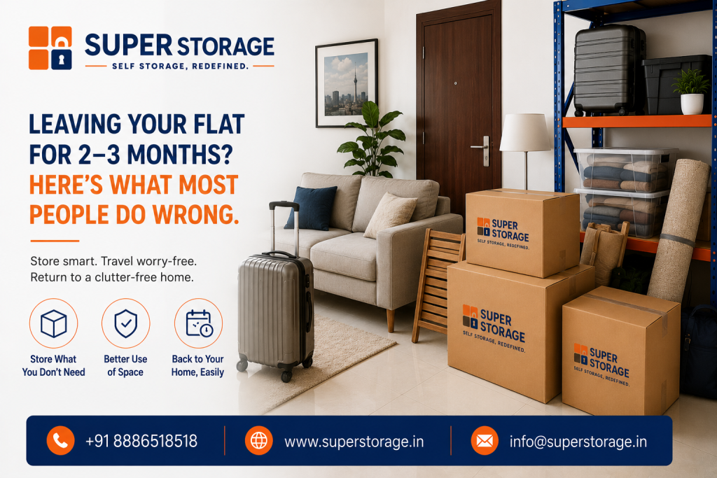 A promotional banner for Super Storage addressing long travel and temporary vacancy, showcasing an apartment entryway with a silver hard-shell rolling suitcase, a modern grey sofa, and stacked Super Storage cardboard boxes, adjacent to heavy-duty blue and orange metal storage racks holding travel luggage, clear organizers with folded clothes, and a rolled rug, accompanied by the headline "Leaving Your Flat For 2–3 Months? Here’s What Most People Do Wrong: Store smart. Travel worry-free. Return to a clutter-free home.", feature icons for "Store What You Don’t Need", "Better Use of Space", and "Back to Your Home, Easily", with contact details at the bottom.