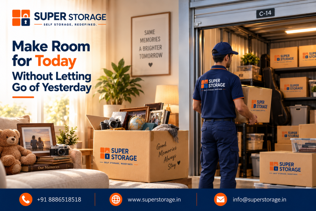 A promotional banner for Super Storage highlighting sentimental item and memorabilia storage. The scene depicts a cozy living room couch decorated with a teddy bear, a vintage film camera, framed family photographs, and a memory album book labeled "Our Memories", next to an open cardboard box labeled "Good Memories Always Stay" filled with framed pictures, photo albums, a vintage globe, and cameras. In the foreground, a uniformed Super Storage mover carries a branded carton toward an illuminated self-storage bay labeled C-14, which is outfitted with shelving holding musical instrument cases, storage bins, and Super Storage boxes under a framed wall print reading "SAME MEMORIES A BRIGHTER TOMORROW". The graphic features the headline "Make Room for Today Without Letting Go of Yesterday" and Super Storage contact details across the bottom banner.