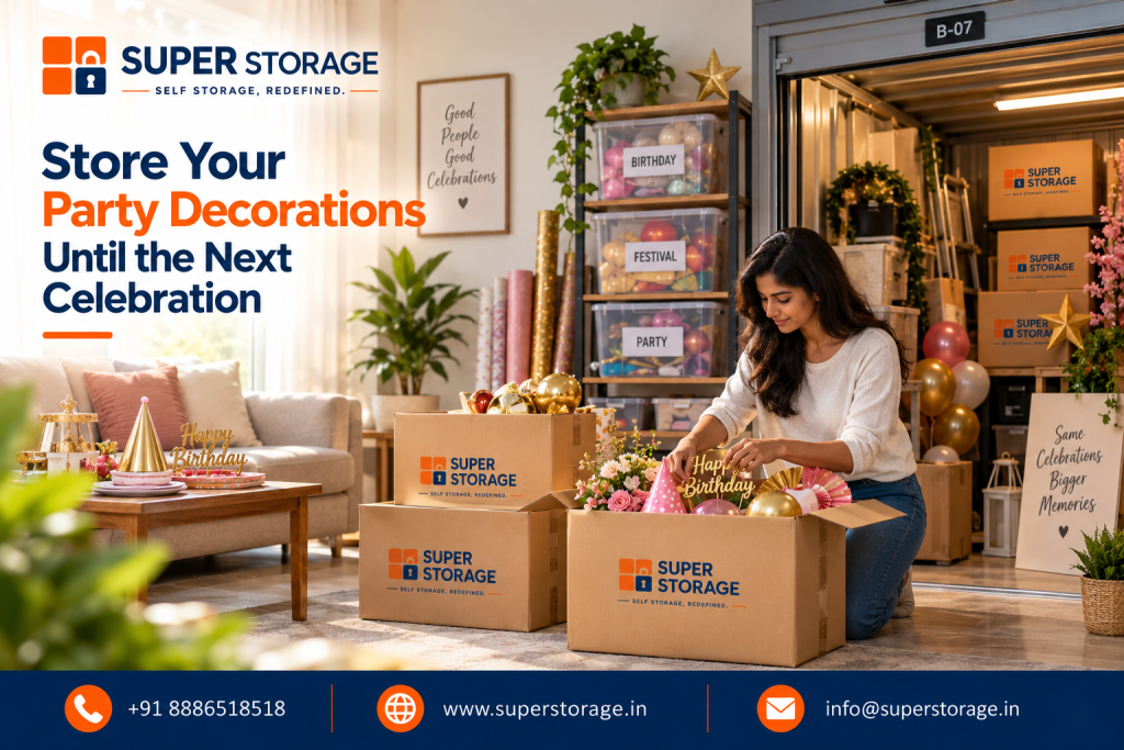 A promotional banner for Super Storage highlighting solutions for party and event decoration storage. The visual features a woman kneeling in a sunlit living room packing party supplies—such as birthday hats, paper fans, floral garlands, and a golden "Happy Birthday" cake topper—into an open Super Storage cardboard box. Beside her are stacked Super Storage boxes and wrapped rolls of decorative paper, positioned next to a tall shelving rack holding clear storage bins labeled "BIRTHDAY", "FESTIVAL", and "PARTY" filled with colorful balloons and party decor. In the background, an open storage unit bay (B-07) reveals organized shelving with Super Storage boxes, festive wreaths, gold star props, and balloons beside a sign that reads "Same Celebrations Bigger Memories" and a framed wall print reading "Good People Good Celebrations". The design is accompanied by the headline "Store Your Party Decorations Until the Next Celebration" and Super Storage contact details across the bottom banner.