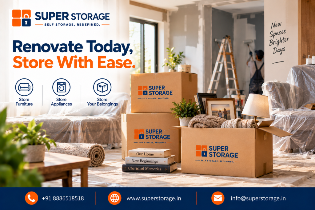 A promotional banner for Super Storage highlighting home renovation storage solutions, showing an active residential remodeling scene with plastic drop cloths covering the floor and sofas, a painter on a wooden stepladder rolling white paint onto a wall under a vertical wall sign reading "New Spaces Brighter Days", and several Super Storage branded cardboard boxes stacked in the foreground alongside a rolled-up area rug, potted houseplants, a decorative table lamp, framed photos, folded knit blankets, and decorative books titled "Our Home", "New Beginnings", and "Cherished Memories", accompanied by the headline "Renovate Today, Store With Ease.", benefit icons for "Store Furniture", "Store Appliances", and "Store Your Belongings", and Super Storage contact details across the bottom banner.