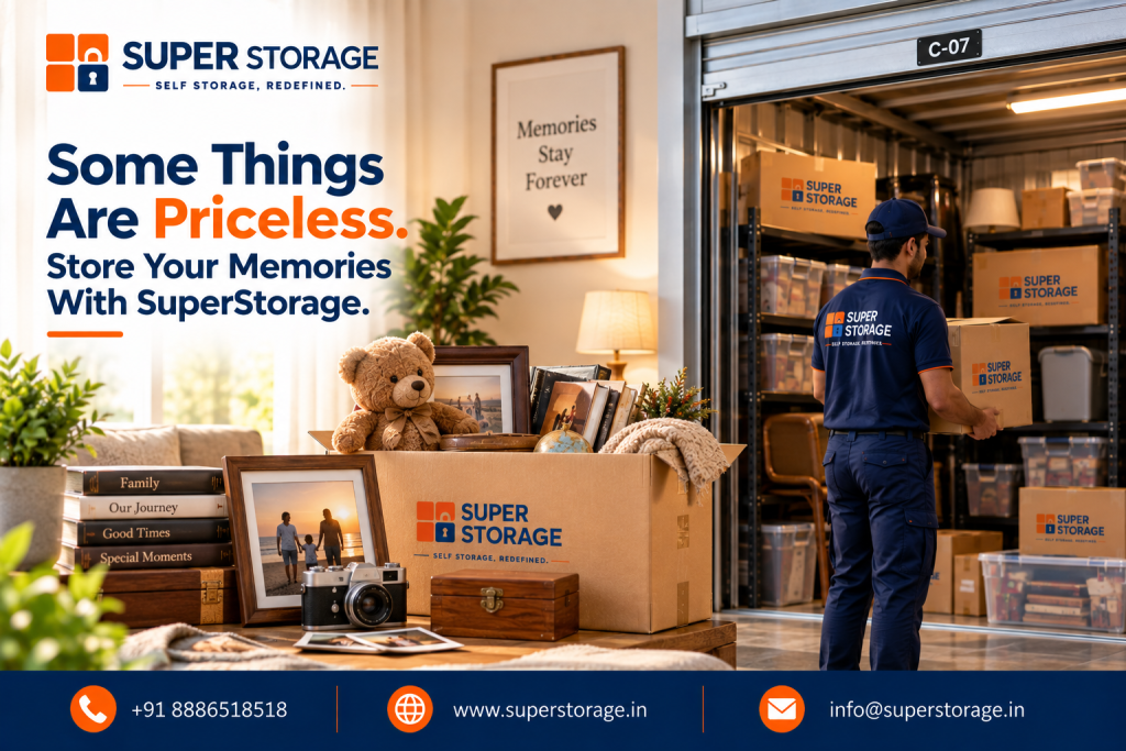 A promotional banner for Super Storage highlighting personal keepsake and memorabilia storage solutions. The visual features a sunlit home living room with an open cardboard box filled with cherished items such as a plush teddy bear, vintage photo albums, framed family photographs, a globe, and warm knit blankets. On the table sit keepsake book boxes labeled "Family", "Our Journey", "Good Times", and "Special Moments", along with a framed sunset photograph, a vintage film camera, and a wooden jewelry box. In the background, a uniformed Super Storage mover carries a branded box into an illuminated, well-organized storage unit bay labeled C-07 filled with shelving, storage tubs, and cartons beneath a framed wall print reading "Memories Stay Forever". The design includes the headline "Some Things Are Priceless. Store Your Memories With SuperStorage." and contact details along the bottom banner.