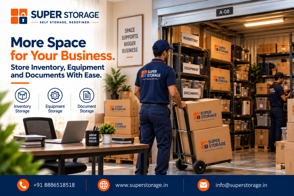 A promotional banner for Super Storage highlighting commercial and business storage solutions. The image features a modern office setting transitioning into an illuminated, well-organized warehouse storage unit labeled A-08. In the foreground, an office desk holds a laptop, stacked notebooks, and a mug reading "GROW STORE FOCUS". A uniformed Super Storage specialist wheels a hand truck stacked with branded cartons toward the storage unit, where metal industrial shelving holds bins and boxes labeled "INVENTORY", "EQUIPMENT", and "DOCUMENTS". Another specialist organizes inventory in the background beneath a wall sign reading "SPACE SUPPORTS BIGGER BUSINESS". The design displays the headline "More Space for Your Business: Store Inventory, Equipment and Documents With Ease.", service icons for "Inventory Storage", "Equipment Storage", and "Document Storage", and Super Storage contact details across the bottom banner.