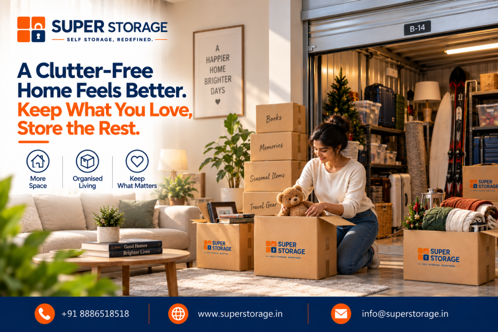 A promotional banner for Super Storage highlighting home decluttering and lifestyle storage solutions. The visual features a smiling young woman kneeling on a living room rug packing a teddy bear into an open Super Storage cardboard box. Next to her stands a neatly stacked tower of cartons labeled "Books", "Memories", "Seasonal Items", and "Travel Gear", alongside another open box filled with rolled warm blankets and holiday lanterns. In the background, the room opens directly into an illuminated, well-organized self-storage bay (B-14) containing metal shelving packed with luggage, plastic bins, a Christmas tree, skis, a surfboard, and lamps, under a framed wall print reading "A HAPPIER HOME BRIGHTER DAYS". The design displays the headline "A Clutter-Free Home Feels Better. Keep What You Love, Store the Rest.", benefit icons for "More Space", "Organised Living", and "Keep What Matters", and Super Storage contact details across the bottom banner.