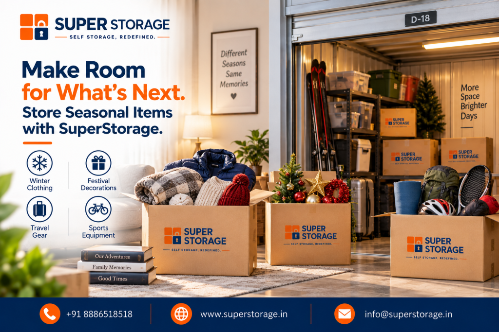 A promotional banner for Super Storage highlighting seasonal household storage solutions. The visual features three open Super Storage cardboard boxes arranged on a living room floor: one filled with winter jackets, knitted sweaters, and beanies beside keepsake books labeled "Our Adventures", "Family Memories", and "Good Times"; the second containing holiday wreaths, a mini Christmas tree, and shiny star ornaments; and the third packed with outdoor travel and sports equipment, including a yoga mat, cycling helmet, backpack, and tennis racquet. In the background, a cozy living room opens directly into a secure, brightly illuminated drive-up storage unit labeled D-18, equipped with metal shelves, stacked bins, Super Storage boxes, upright skis, and a Christmas tree, under wall posters reading "Different Seasons Same Memories" and "More Space Brighter Days". The design displays the headline "Make Room for What’s Next. Store Seasonal Items with SuperStorage.", category icons for "Winter Clothing", "Festival Decorations", "Travel Gear", and "Sports Equipment", and contact details across the bottom banner.