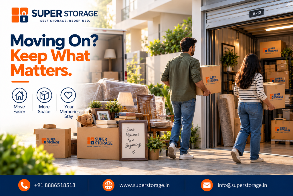 A promotional banner for Super Storage highlighting home relocation and moving solutions, showing a young couple carrying branded cardboard boxes into an illuminated, well-organized self-storage bay labeled A-12. In the sunny driveway, a moving truck stands in the background alongside plastic-wrapped sofas and armchairs, potted plants, table lamps, a teddy bear, stacked books, and an open Super Storage box with a framed sign reading "Same Memories New Beginnings". The design displays the headline "Moving On? Keep What Matters.", benefit icons for "Move Easier", "More Space", and "Your Memories Stay", and contact details across the bottom banner.