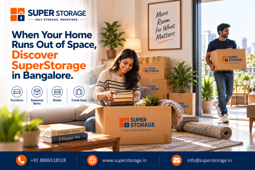 A promotional banner for Super Storage highlighting home decluttering and self-storage services in Bangalore. The image features a smiling woman kneeling in a sunlit living room packing hardbound books into an open Super Storage cardboard carton. On the coffee table in the foreground rest decorative books titled "A Brighter Home" and "A Happier You", while stacked Super Storage boxes and a rolled carpet sit nearby under a framed wall quote reading "More Room for What Matters". In the background, a man enters from a bright balcony carrying another Super Storage box against a high-rise city skyline. The banner displays the headline "When Your Home Runs Out of Space, Discover SuperStorage in Bangalore.", category icons for "Furniture", "Seasonal Items", "Books", and "Travel Gear", and Super Storage contact details across the bottom banner.