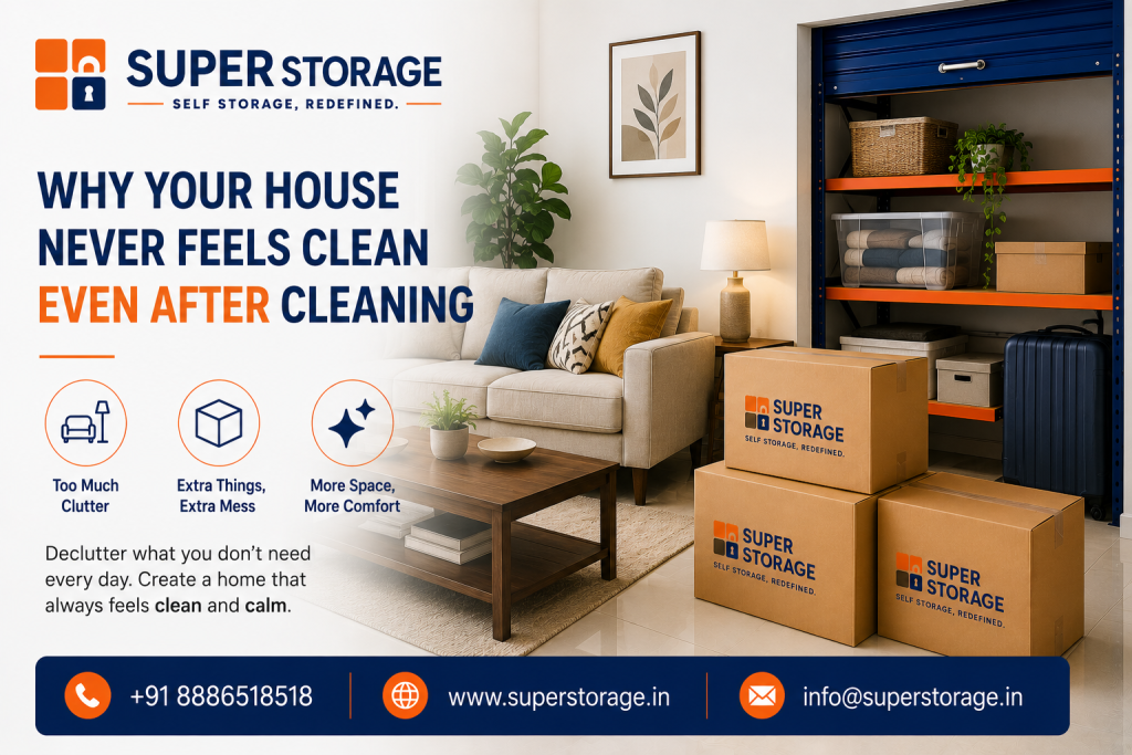 A promotional banner for Super Storage addressing home organization, featuring a stylish living room with a neutral sofa, patterned accent cushions, and a coffee table, beside an open storage unit lined with industrial blue-and-orange shelving holding storage bins, baskets, and luggage, next to stacked Super Storage branded cartons, accompanied by the headline "Why Your House Never Feels Clean Even After Cleaning", benefit icons for "Too Much Clutter", "Extra Things, Extra Mess", and "More Space, More Comfort", along with the tagline "Declutter what you don’t need every day. Create a home that always feels clean and calm.", and Super Storage contact details at the bottom.