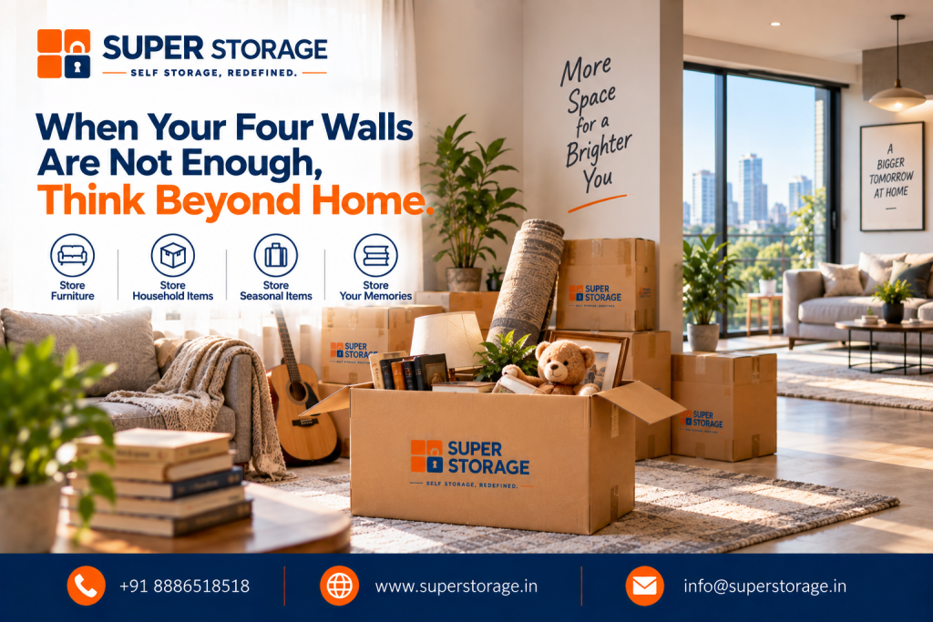A promotional banner for Super Storage highlighting home decluttering and external self-storage solutions. The visual showcases a modern, sunlit apartment living room with large glass doors opening to a balcony with city skyline views. In the center, an open cardboard Super Storage carton rests on a patterned rug, filled with household items including books, a table lamp, a plush teddy bear, and framed pictures, alongside an acoustic guitar, a rolled-up woven carpet, stacked Super Storage boxes, and lush potted indoor plants. The walls feature inspirational typography reading "More Space for a Brighter You" and "A BIGGER TOMORROW AT HOME". The banner features the headline "When Your Four Walls Are Not Enough, Think Beyond Home.", category icons for "Store Furniture", "Store Household Items", "Store Seasonal Items", and "Store Your Memories", and Super Storage contact details along the bottom banner.