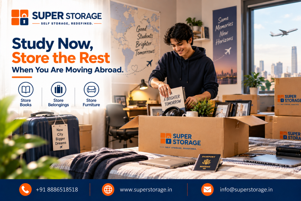 A promotional banner for Super Storage highlighting student storage solutions for studying abroad. The image features a smiling young male student in a dark hoodie packing a book titled "A Brighter Tomorrow", headphones, mugs, and framed photos into an open Super Storage cardboard box on a bed. On the bed nearby lie a closed laptop and a passport. In the background, a large suitcase has a tag reading "New City Bigger Dreams", a world map poster is inscribed with "Good Students Brighter Tomorrows", and a wall banner reads "Same Memories New Horizons" with a view outside the window of an airplane flying over a skyline. Stacked Super Storage boxes sit in the corner beside a study desk. The graphic displays the headline "Study Now, Store the Rest When You Are Moving Abroad.", benefit icons for "Store Books", "Store Belongings", and "Store Furniture", and Super Storage contact details across the bottom banner.