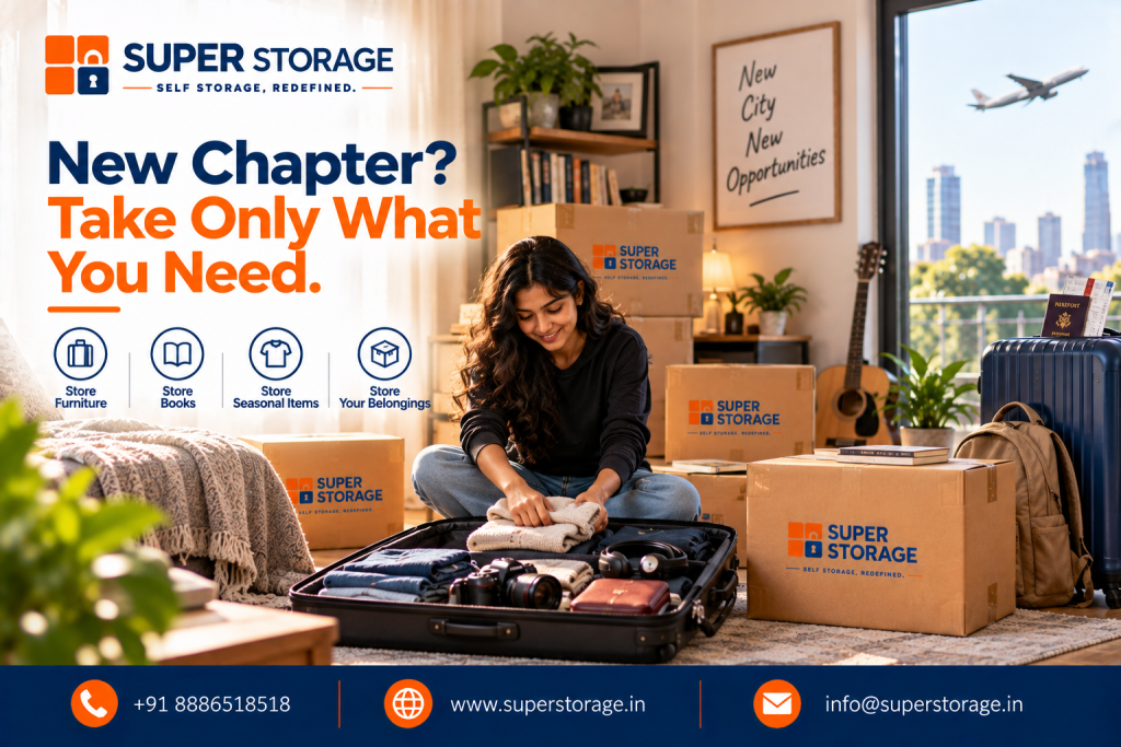 A promotional banner for Super Storage highlighting relocation, travel, and lifestyle transition storage solutions. The visual features a smiling young woman seated cross-legged on a living room rug carefully packing clothes, headphones, a DSLR camera, and a travel pouch into an open suitcase. Around her are stacked, sealed Super Storage branded cardboard cartons, a backpack, an acoustic guitar, and rolling luggage with a passport slipped into the exterior slot. In the background, large glass balcony doors look out to a sunny city skyline with an airplane flying overhead, beneath a framed wall quote reading "New City New Opportunities". The design displays the headline "New Chapter? Take Only What You Need.", category icons for "Store Furniture", "Store Books", "Store Seasonal Items", and "Store Your Belongings", and Super Storage contact details across the bottom banner.