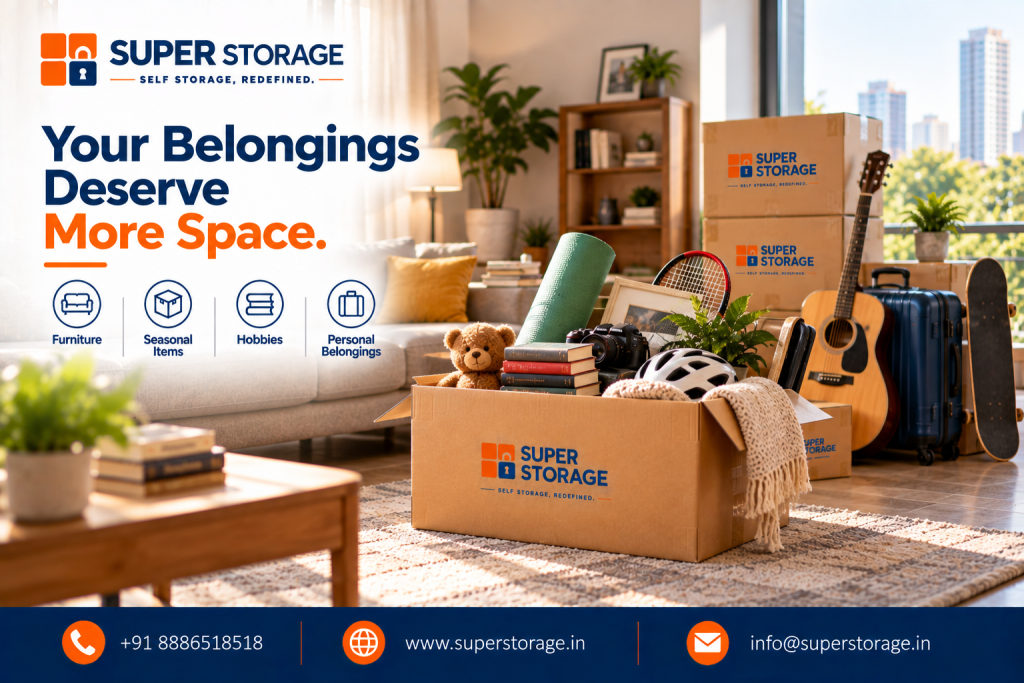 Super Storage banner featuring an open box of hobby gear, books, and keepsakes in a sunny living room with the headline "Your Belongings Deserve More Space."