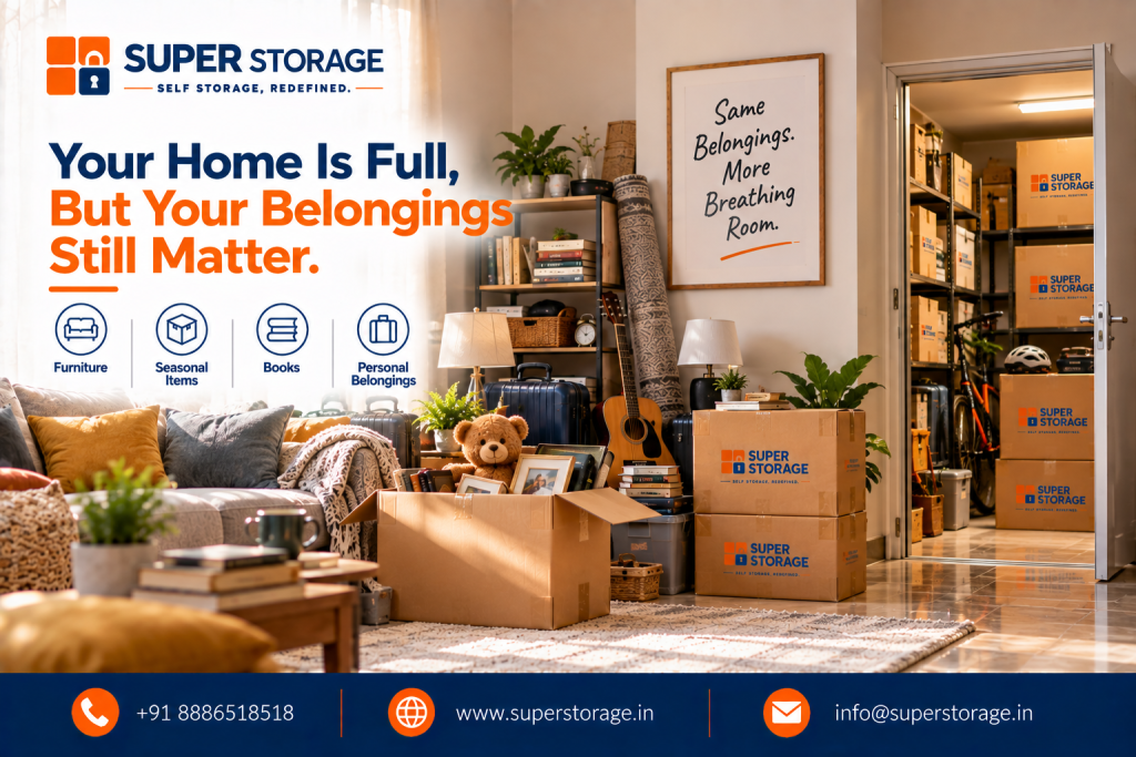 Super Storage banner showing a living room filled with luggage, an acoustic guitar, rolled carpet, and an open box with a teddy bear and books, leading to an organized storage room. Headline reads: "Your Home Is Full, But Your Belongings Still Matter."
