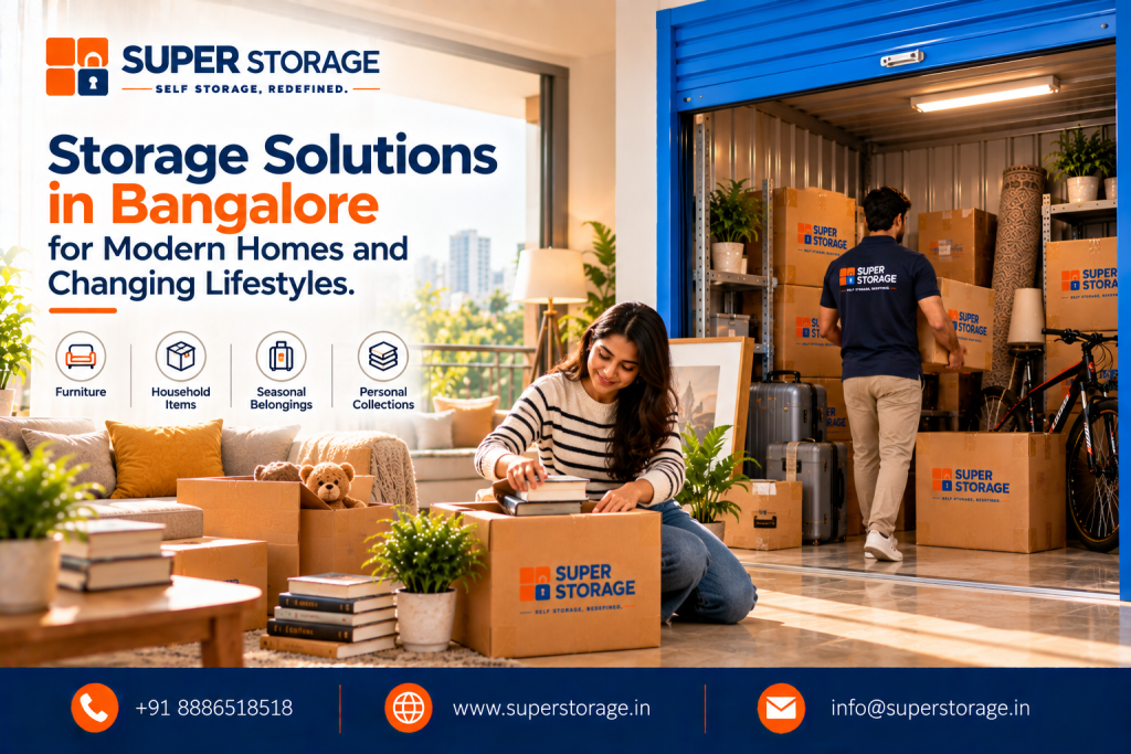 Super Storage banner showing a woman packing books at home while a mover arranges boxes inside an adjacent, brightly lit storage bay with bicycles, rolled carpets, and luggage. Headline reads: "Storage Solutions in Bangalore for Modern Homes and Changing Lifestyles."