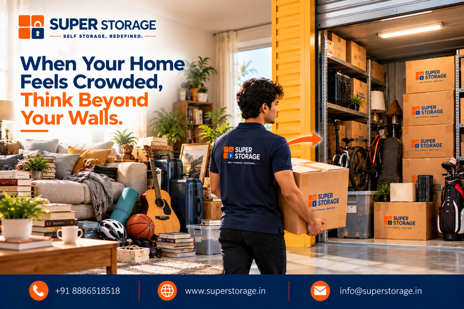 Super Storage banner showing a crowded living room packed with books, guitars, and luggage, transitioning into an organized storage unit where a mover carries a carton toward loaded shelves. Headline reads: "When Your Home Feels Crowded, Think Beyond Your Walls."