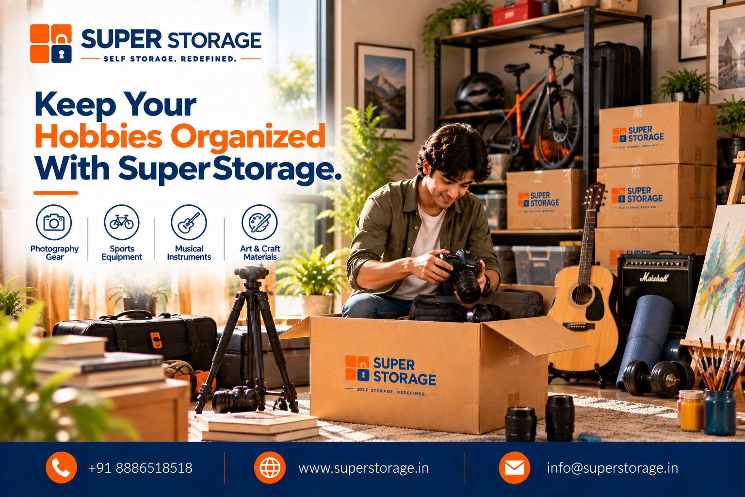 Super Storage banner showing a young man sitting on a rug packing camera lenses and photography equipment into a branded carton, surrounded by a tripod, acoustic guitar, bicycle, and art supplies. Headline reads: "Keep Your Hobbies Organized With SuperStorage."