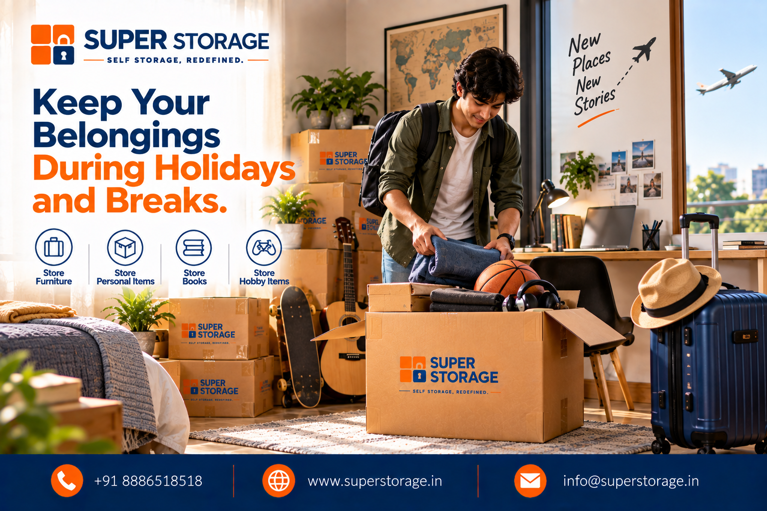 Super Storage banner showing a student packing clothes, a basketball, and headphones into a carton beside luggage, an acoustic guitar, and stacked boxes, with an airplane visible outside the window. Headline reads: "Keep Your Belongings During Holidays and Breaks."