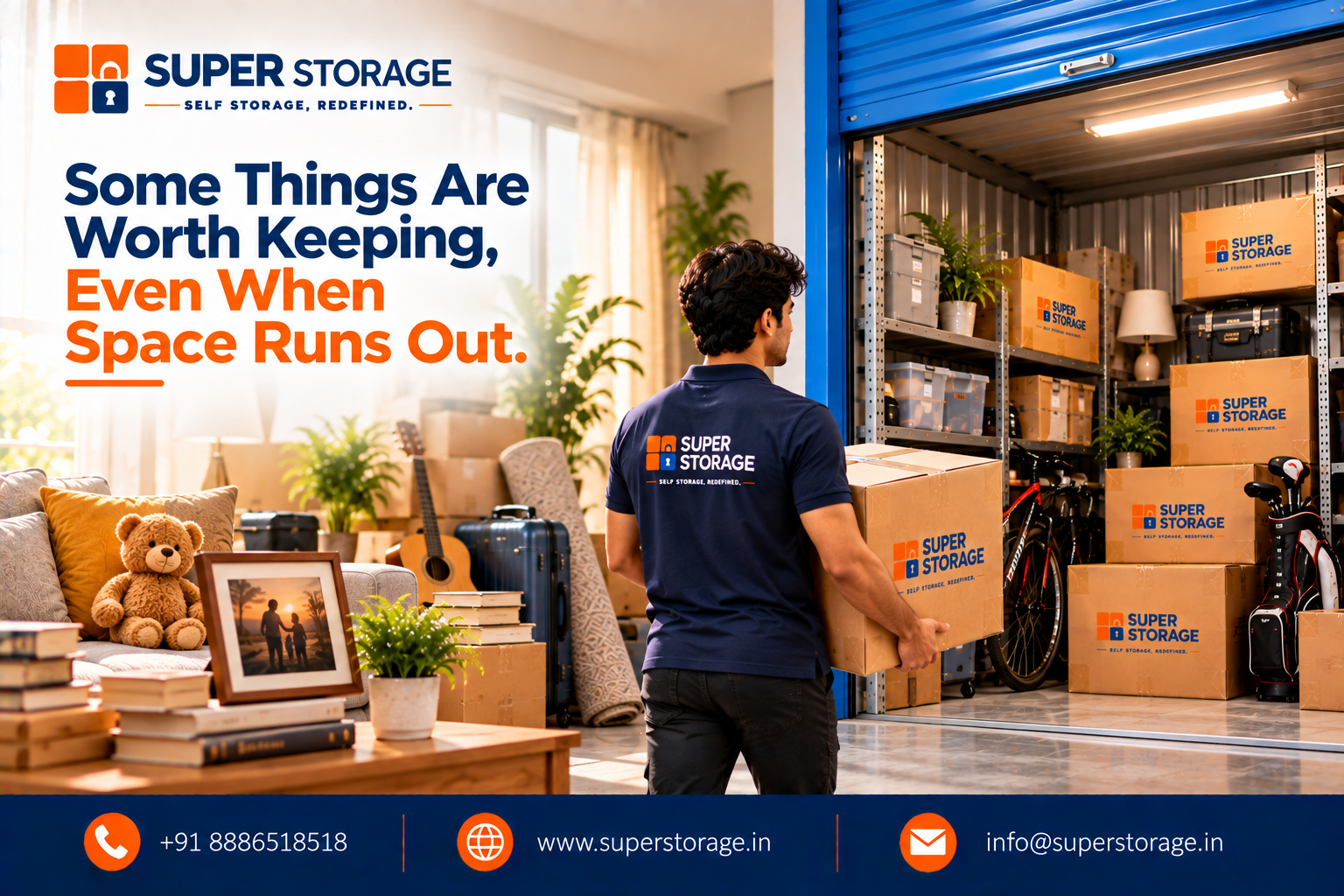 Super Storage banner showing a cozy, crowded living room transitioning into a clean, illuminated blue storage bay where a mover carries a branded box toward stocked shelves holding bikes, golf bags, and boxes. Headline reads: "Some Things Are Worth Keeping, Even When Space Runs Out."