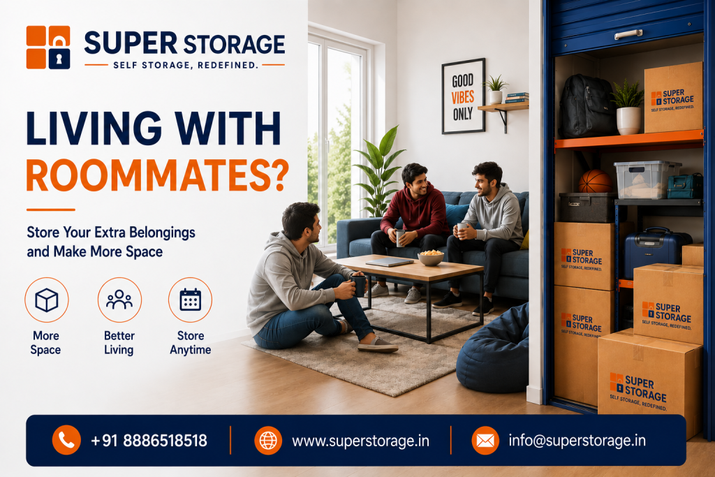 A promotional banner for Super Storage highlighting shared living and flatmate storage solutions, showing three young men relaxing, chatting, and having coffee in a modern, spacious living room with a navy blue sofa, coffee table, and a wall frame reading "GOOD VIBES ONLY", alongside an open self-storage garage unit with blue and orange metal shelving holding backpacks, a basketball, suitcases, storage boxes, and stacked Super Storage cartons, accompanied by the headline "Living With Roommates? Store Your Extra Belongings and Make More Space", key benefit icons for "More Space", "Better Living", and "Store Anytime", with contact details at the bottom.