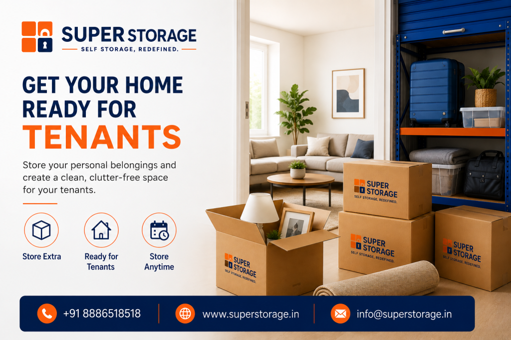 A promotional banner for Super Storage highlighting rental readiness and decluttering solutions, depicting an open doorway looking into a bright, spotless living room with a beige sectional sofa and coffee table, while in the foreground an open Super Storage box holds a table lamp and picture frame alongside rolled carpets, stacked storage cartons, and an open storage unit with heavy-duty blue and orange shelving storing luggage, bins, and decor, accompanied by the headline "Get Your Home Ready For Tenants: Store your personal belongings and create a clean, clutter-free space for your tenants.", feature icons for "Store Extra", "Ready for Tenants", and "Store Anytime", and Super Storage contact details at the bottom.
