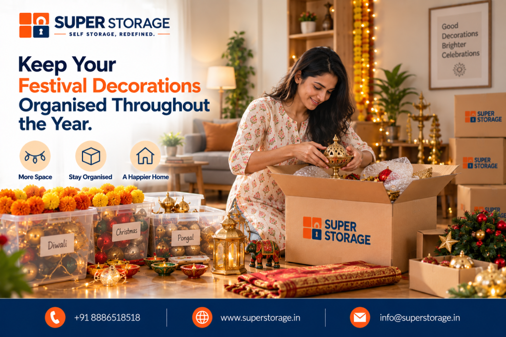 A promotional banner for Super Storage highlighting seasonal festival decoration storage, showing a smiling Indian woman in traditional attire packing a brass pooja item and festive ornaments into a branded Super Storage box in a brightly decorated living room, with clear labeled storage bins for Diwali, Christmas, and Pongal filled with marigold garlands, tree ornaments, brass lamps, and fairy lights, alongside brass diyas, a decorative elephant, rolled ethnic runners, and a framed wall print reading "Good Decorations Brighter Celebrations", accompanied by the headline "Keep Your Festival Decorations Organised Throughout the Year.", benefit icons for "More Space", "Stay Organised", and "A Happier Home", and Super Storage contact details across the bottom banner.