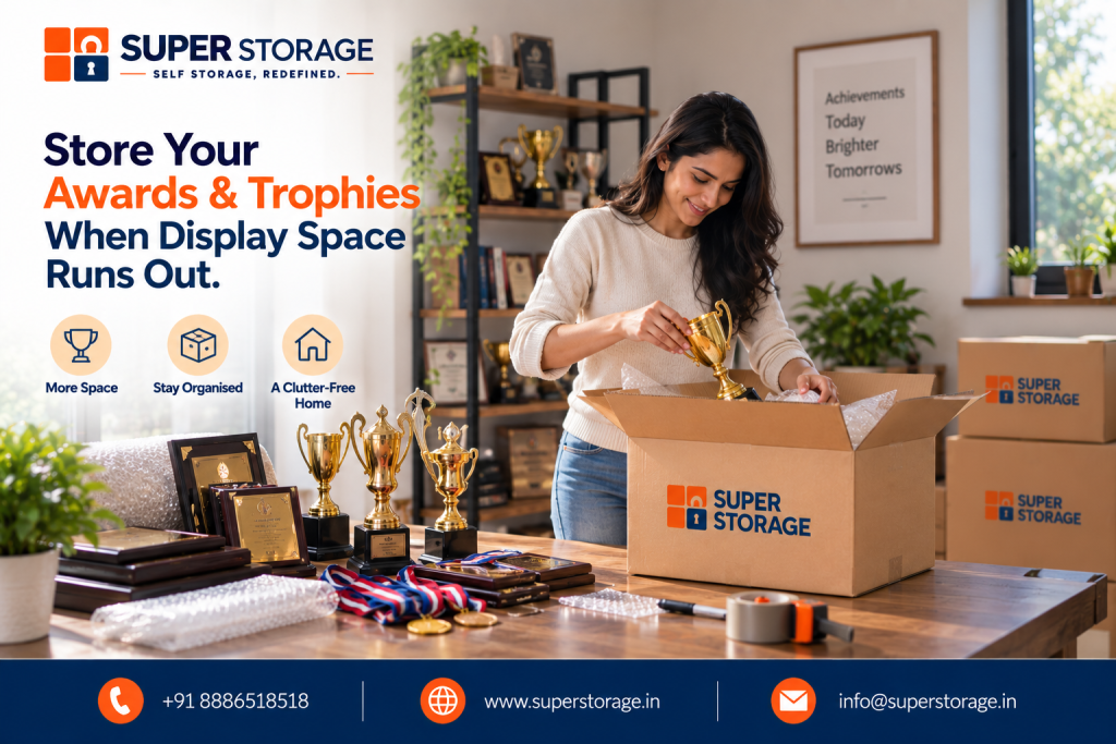 A promotional banner for Super Storage highlighting solutions for storing personal memorabilia and accolades, showing a smiling young woman packing a golden trophy into a bubble-wrap-lined Super Storage cardboard box on a wooden table covered with sports trophies, engraved wooden plaques, and medals on ribbons, with a bookshelf displaying more awards in the background alongside a framed print reading "Achievements Today Brighter Tomorrows" and stacked Super Storage cartons, accompanied by the headline "Store Your Awards & Trophies When Display Space Runs Out.", benefit icons for "More Space", "Stay Organised", and "A Clutter-Free Home", and Super Storage contact details across the bottom banner.