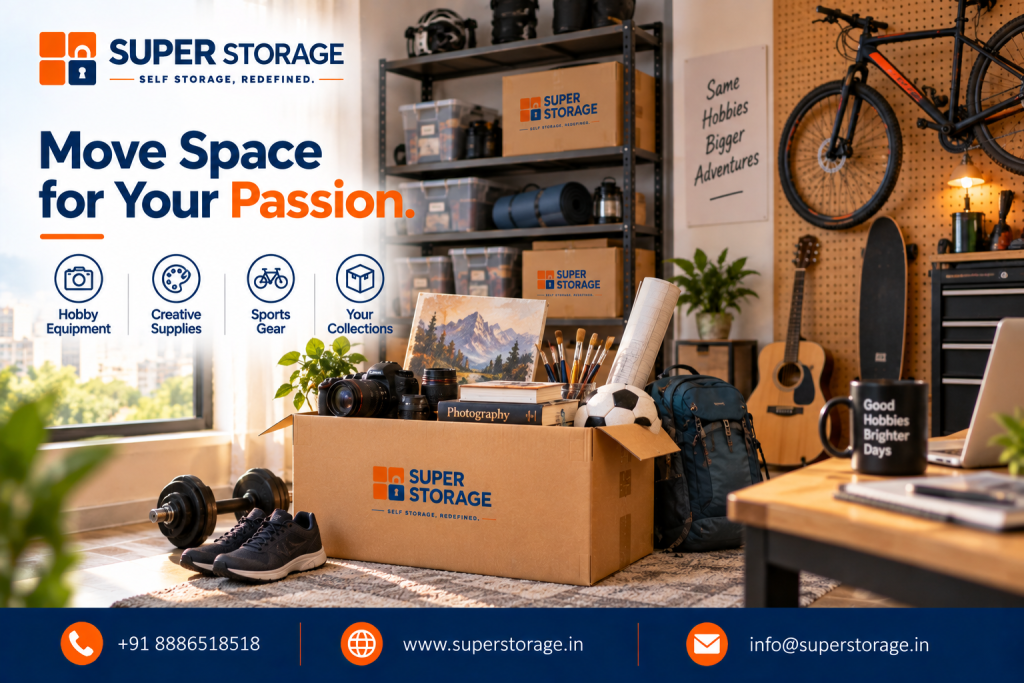 A promotional banner for Super Storage highlighting hobby and creative gear storage solutions. The image features a bright room with an open cardboard box filled with DSLR camera lenses, a photography book, an oil painting of mountains, paintbrushes, rolled canvases, a soccer ball, and an outdoor backpack. Beside the box on the rug sit running shoes, adjustable dumbbells, an acoustic guitar, and a coffee mug inscribed "Good Hobbies Brighter Days" on a wooden desk with a laptop. In the background, metal industrial shelving holds Super Storage boxes and clear tubs, next to a mountain bike hanging on a tool pegboard alongside a skateboard under a wall sign reading "Same Hobbies Bigger Adventures". The design displays the headline "Move Space for Your Passion.", category icons for "Hobby Equipment", "Creative Supplies", "Sports Gear", and "Your Collections", and Super Storage contact details along the bottom banner.