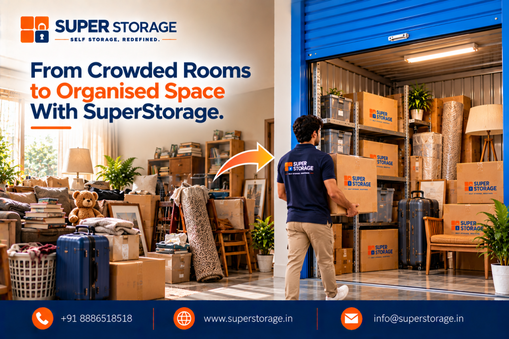 Super Storage banner showing a cluttered living room crowded with rolled carpets, suitcases, laundry baskets, and furniture, with an orange arrow leading into an organized storage bay where a mover carries a carton toward loaded shelves. Headline reads: "From Crowded Rooms to Organised Space With SuperStorage."