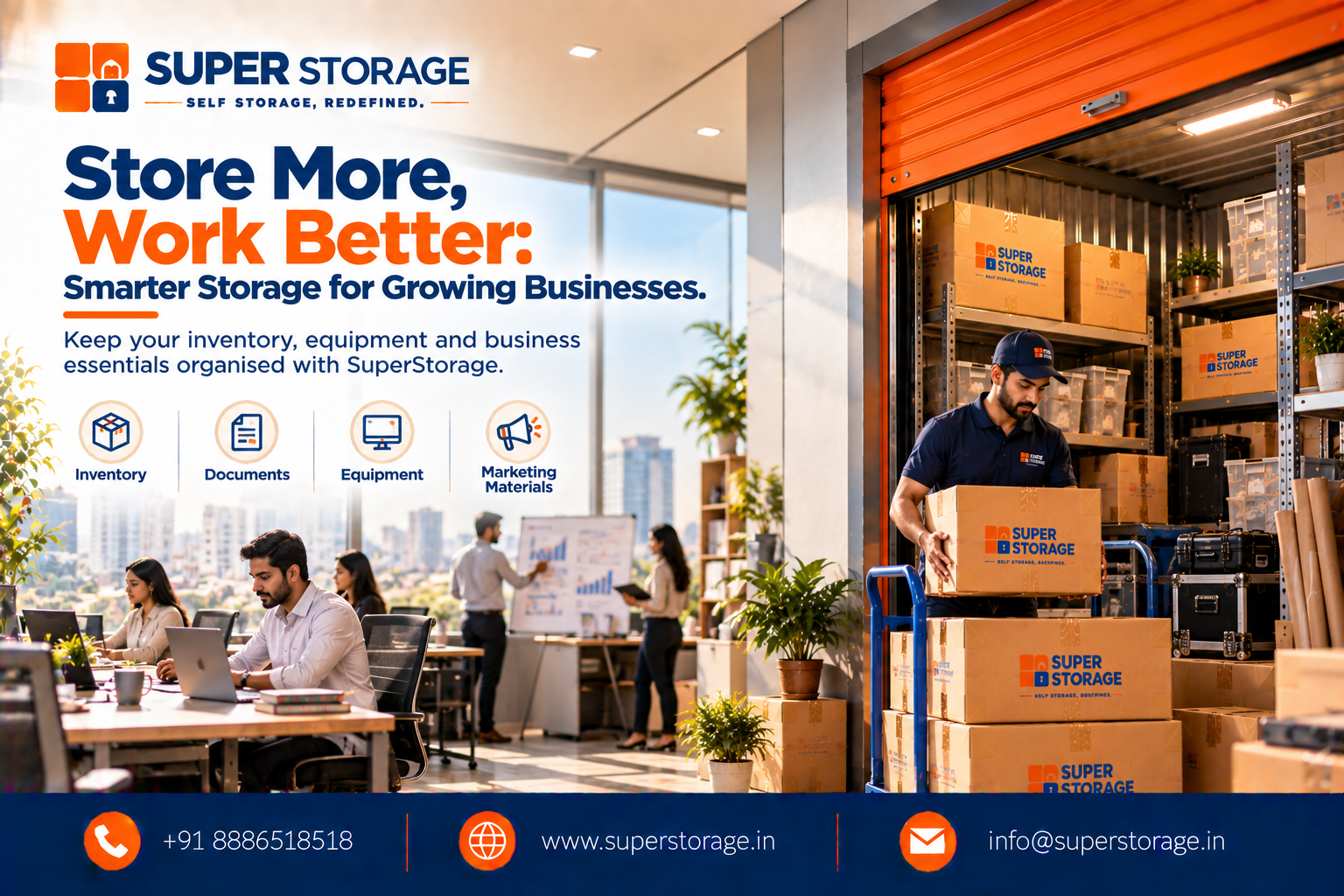 Super Storage banner showing a vibrant modern office space on the left and a brightly lit orange storage unit on the right, where a warehouse worker loads cartons onto a trolley next to stocked shelves. Headline reads: "Store More, Work Better: Smarter Storage for Growing Businesses."